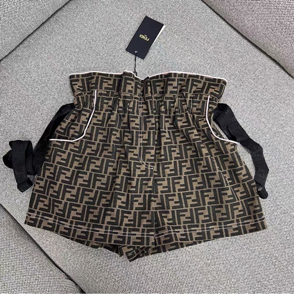 Authentic Fendi Women's Black and Brown Logo High Waist Shorts